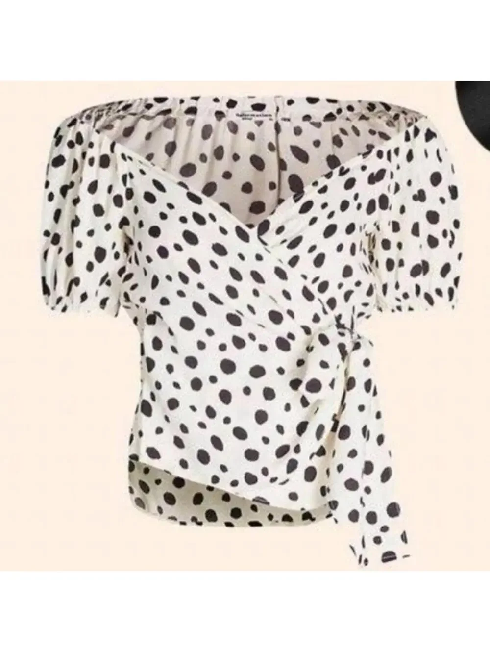 Reformation Lores Off The Shoulder Puff Sleeve Wrap Top in polkadot